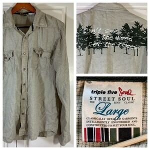 Triple Five Soul Plaid Shirt L Snap Y2K Skater Forest "Can't See Wood For Trees"